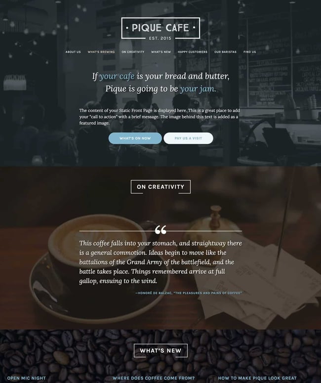 restaurant website template: pique shows coffee against bean background 